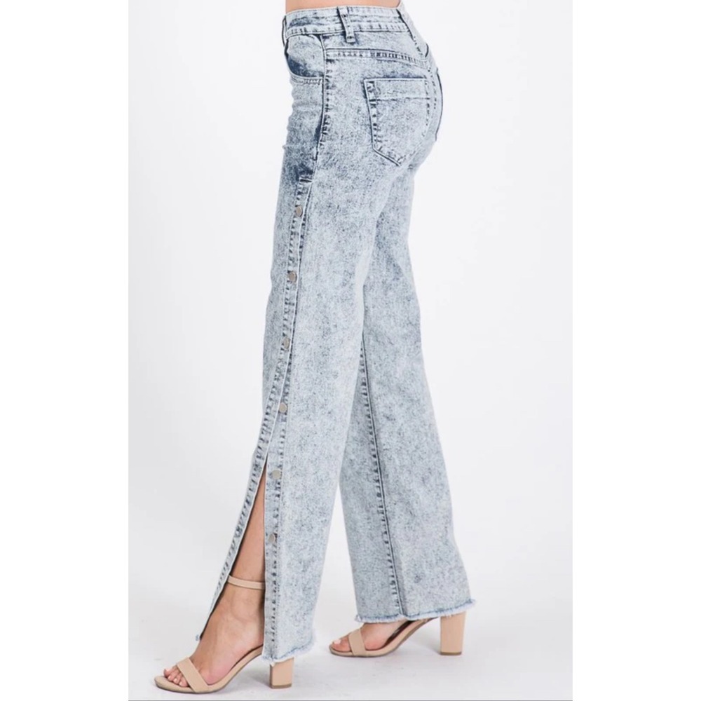 Uniq By Litz Acid Wash Jeans Women's 28 Side Button Slit Hem High Rise‎ Denim